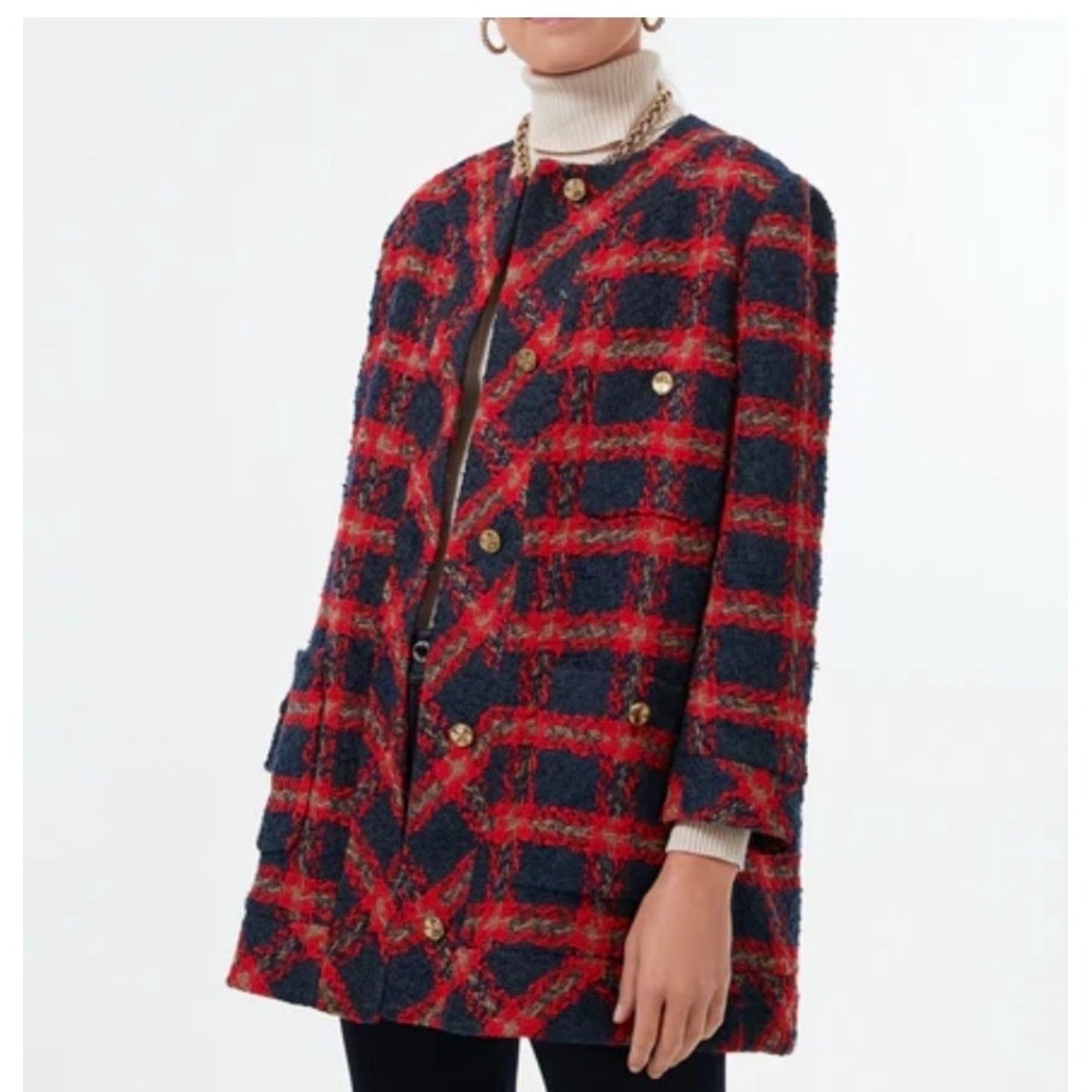 Tuckernuck Liberty tweed Jackie Coat Red Navy Plaid Gold Button Collarless Small